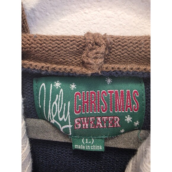 Ugly Christmas Sweater Deer Hooded Antler Mens Large Black Long Sleeve - Picture 6 of 9